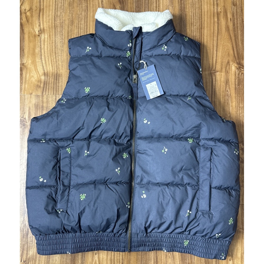 Universal Thread Puffer Vest Blue‎ Floral Large Faux Sherpa Collar New NWT